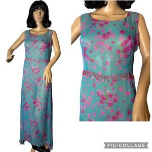 Johnny Was Boho Chic Sheer Blue pink floral Floral embroidery sequin maxi dress